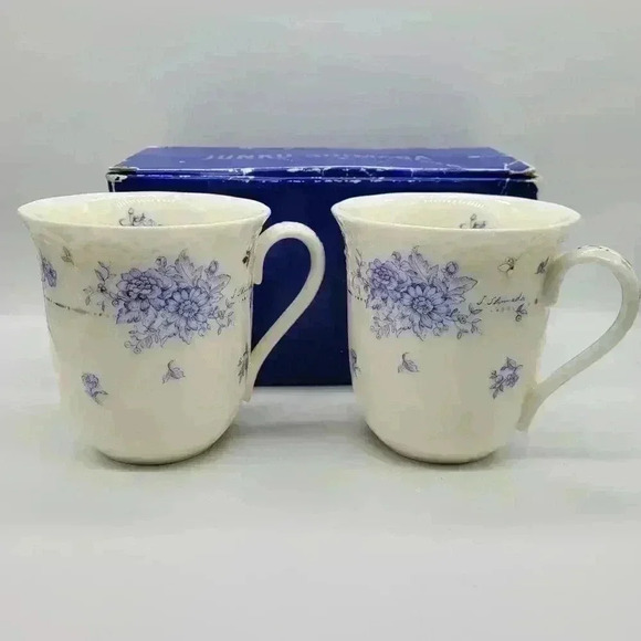 Sango Other - NEW Set of 2 JUNKO SHIMADA Coffee Mug Blue & White Floral Silver Leaf Signed